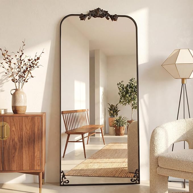 Antok Arched Full Length Mirror, 71"x32" Floor Mirror with Carved, Full Body Mirrors for HomeDecor, Standing/Halling Large Wall Mirror for Bedroom, Living Room, Cloakroom, Bronze, Luxury Style