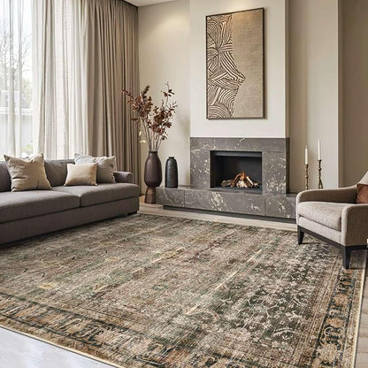 Rugxara 8x10 Area Rugs for Living Room Bedroom, Large Washable Rug, Brown Vintage Retro Boho Rug, Non Slip & Low Pile Faux Wool Thin Carpet for Indoor Dining Room and Kids Room(Charcoal/Olive 8x10ft)
