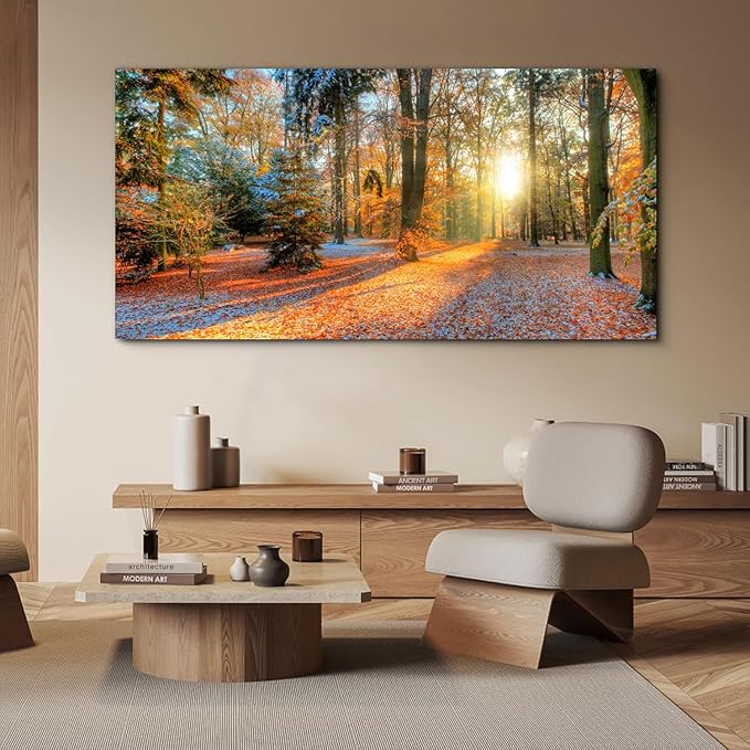Bamdeya Living Room Wall Art Decor Forest Canvas Print Autumn Poster Sunset Tree Picture Modern Panel Natural Landscape Painting Fall Scenery Artwork for Bedroom Kitchen Office Home Wall Decor