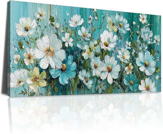 BQVCT White Daisy Floral Wall Art 20x40 Inch Large Gallery Wrapped Canvas Print Turquoise Blue Botanical Painting on Textured Background Ready to Hang for Living Room Bedroom Office Decor