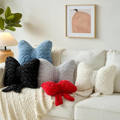 Bow Pillow, Decorative Bow Pillows with Soft Plush for Couch Bed, Bow Shaped Throw Pillow Room Decor for Bedroom, Bow Decorative Pillow for Living Room (Grey, Small-12 Inches)