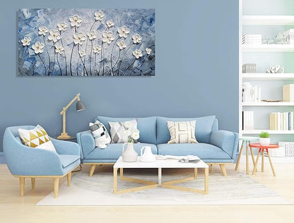 YHSKY ARTS Floral Canvas Wall Art Hand Painted Blue and White Heavy Textured Painting Modern Abstract Flower Pictures Contemporary Artwork for Living Room Bedroom Office Decoration