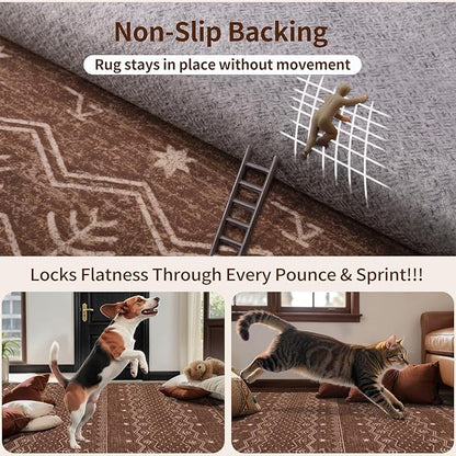 SERISSA Hallway Runner Rug, 2x10 Washable Non-Slip Coffee Brown Boho Rug, Soft Low-Pile Geometric Indoor Long Carpet for Kitchen Laundry Room Bathroom Bedroom Entryway Stair