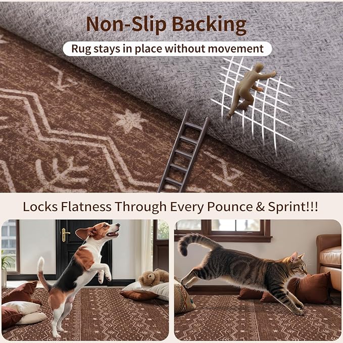 SERISSA 3x5 Area Rugs for Living Room, Washable Non-Slip Coffee Brown Small Boho Rug, Soft Low-Pile Geometric Indoor Throw Carpet for Bedroom Kitchen Dining Room Office