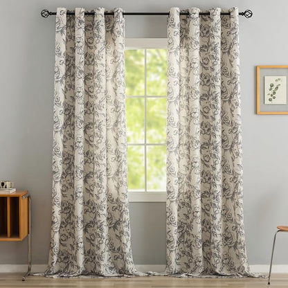 Taupe Floral Curtains for Living Room 108 Inches Long 2 Panels French Country Romantic Peony Patterned Vintage Farmhouse Linen Curtains Grommet Retro Window Treatments,50" W X 108" L