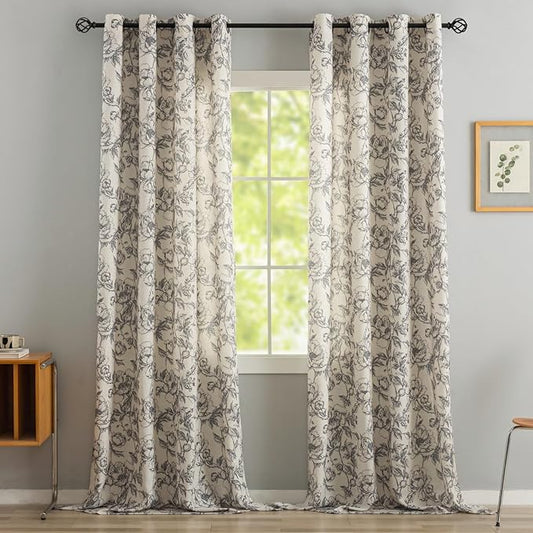 Taupe Floral Curtains for Living Room 108 Inches Long 2 Panels French Country Romantic Peony Patterned Vintage Farmhouse Linen Curtains Grommet Retro Window Treatments,50" W X 108" L