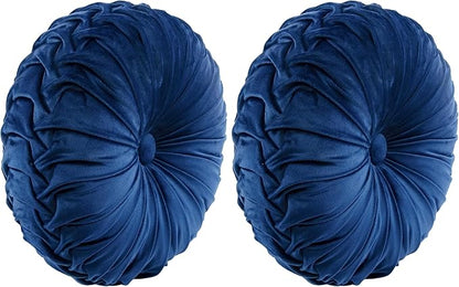 Lush Decor Round Pleated Soft Velvet Decorative Throw Pillow, 1 Count, 15" Diameter, Navy - Blue Plush Round Pillow, Seat Cushion, Decorative Pillows for Bed, Couch, Or Chair (Pack of 2)