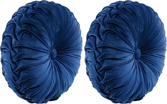 Lush Decor Round Pleated Soft Velvet Decorative Throw Pillow, 1 Count, 15" Diameter, Navy - Blue Plush Round Pillow, Seat Cushion, Decorative Pillows for Bed, Couch, Or Chair (Pack of 2)