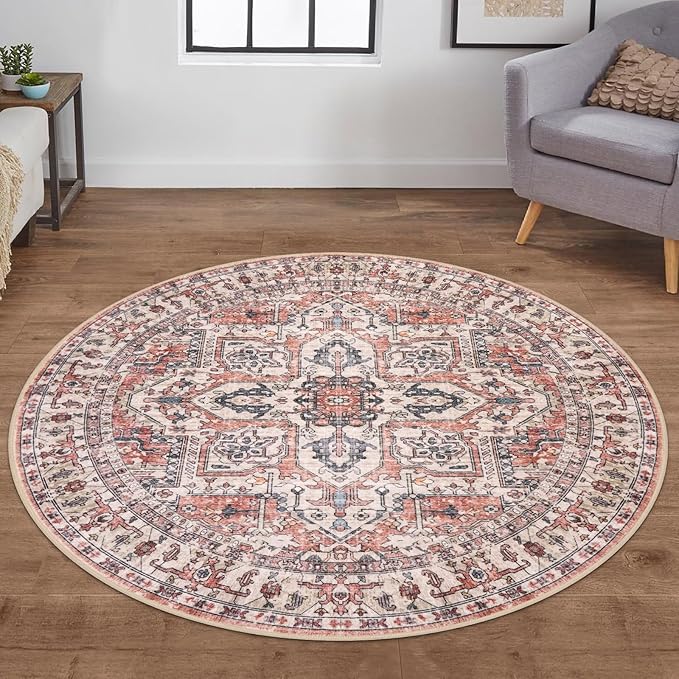 KOZYFLY Boho Round Rug 5 Ft Rugs for Entryway Washable Circle Rug Non Slip Doormat Printed Faux Wool Vintage Round Entryway Rug Floor Carpet Round for Entrance, Bedroom, Red Salmon/Pink/Navy