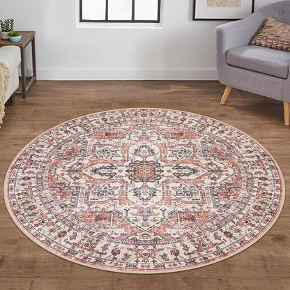KOZYFLY Boho Round Rug 5 Ft Rugs for Entryway Washable Circle Rug Non Slip Doormat Printed Faux Wool Vintage Round Entryway Rug Floor Carpet Round for Entrance, Bedroom, Red Salmon/Pink/Navy