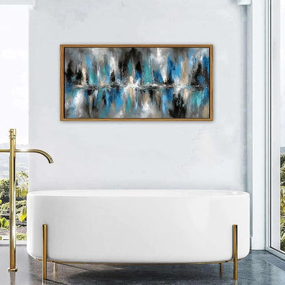 Black Framed Navy Blue Abstract Canvas Wall Art Modern Minimalist Painting for Bedroom Neutral White Blue and Grey Picture Wall Decor Graffiti Artwork for Bathroom Living Room Home Decoration 24x48