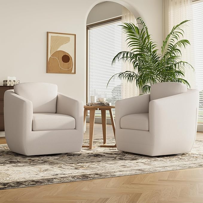MALOL 360° Swivel Accent Chair- Comfy Living Room Armchair No-Sag Foam & Sturdy Metal Base with Pillow, Fully Assembled Swivel Accent Single Sofa for Bedroom, Office, Beige