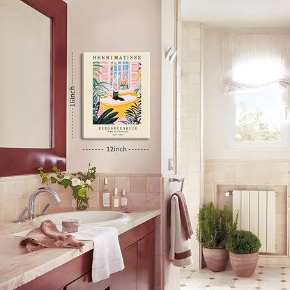 Funny Bathroom Canvas Wall Art Set of 3, Matisse Black Cat Animal Wall Decor Paintings, Cute Tiger Bathroom Pictures Posters Prints 12x16 Inch Framed
