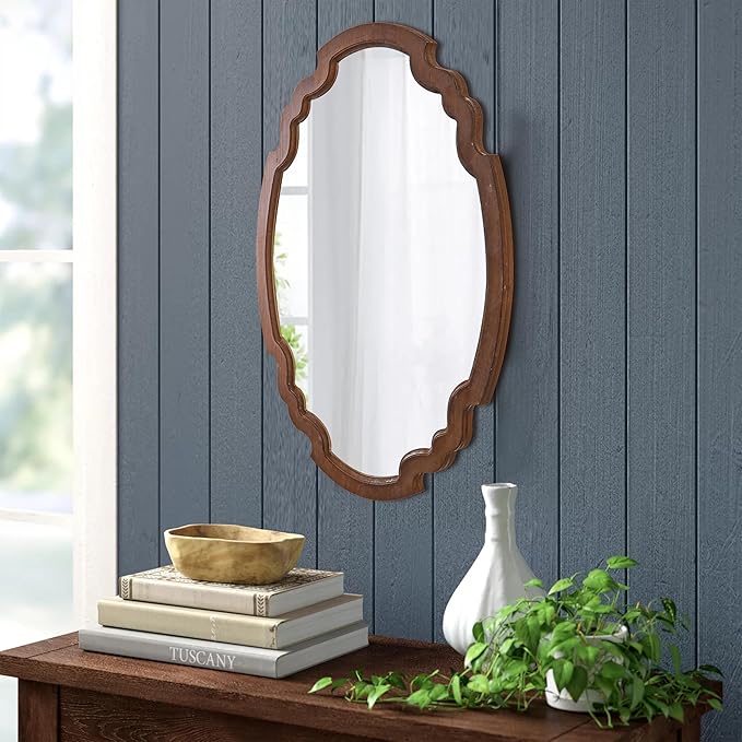 Hanging Farmhouse Oval Mirrors for Wall Decor 16 X 22 Inch, Handmade Burning Finished Oval Bathroom Mirrors for Over Sink, Rustic Wood Mirror for Entryway, Horizontal or Vertical