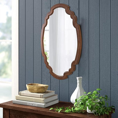 Hanging Farmhouse Oval Mirrors for Wall Decor 16 X 22 Inch, Handmade Burning Finished Oval Bathroom Mirrors for Over Sink, Rustic Wood Mirror for Entryway, Horizontal or Vertical