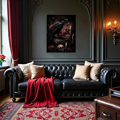Gothic Canvas Wall Art Set of 3, Red Rose Skull Wall Decor Paintings, Dark Romantic Crow Goth Halloween Aesthetic Posters Prints for Bathroom, Living Room, Gallery, Home Decor 12x16Inch Framed