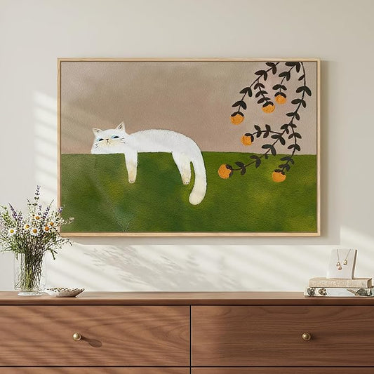Framed Neutral and Green Wall Art for Bedroom Decor, Large Cozy Cat Canvas Painting Artwork for Room Walls, Green Picture Print for Dining Room Nursery Guest Room Hallway Wall Art Decor, 24x36 Inch