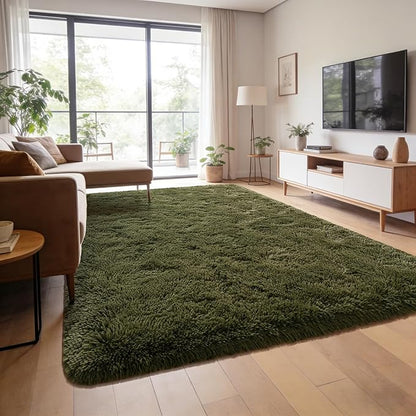 Andecor Shag Area Rug for Living Room, 5 x 8 Feet Olive Green Soft Fluffy Indoor Plush Throw Rugs for Bedroom Girls Kids Room Nursery Dorm Home Decor Carpet
