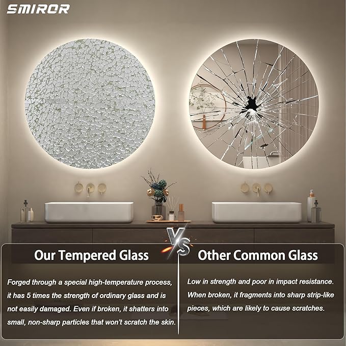 SMIROR Round Led Lighted Bathroom Mirror for Wall 28", Backlit Circle Vanity Mirror with Lights, Anti-Fog, 3 Colors, Dimmable, Memory, Shatterproof