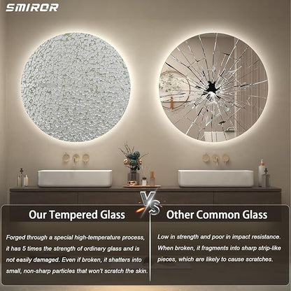 SMIROR Round Led Lighted Bathroom Mirror for Wall 24", Backlit Circle Vanity Mirror with Lights, Anti-Fog, 3 Colors, Dimmable, Memory, Shatterproof