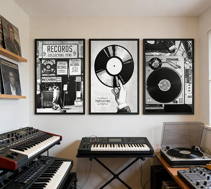 3Pcs Retro Music Poster Wall Art Fashion Black And White Photography Preppy Vinyl Record Store Painting Picture Wall Decor Bar Rock Music Lovers Print Artwork for Recording Studio Club Home Decoration