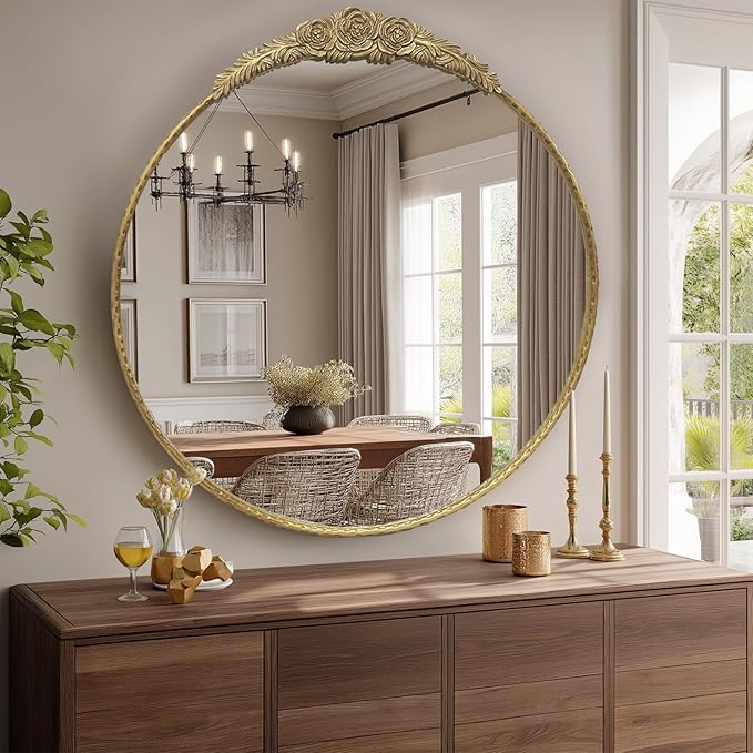 Growsun Round Wall Mirror with Vintage Gold Floral Frame – 28 Inch Decorative Wall Mirror for Living Room, Bedroom, Entryway, Bathroom Vanity – Elegant Antique Accent Home Décor