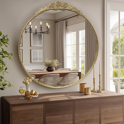 Growsun Round Wall Mirror with Vintage Gold Floral Frame – 28 Inch Decorative Wall Mirror for Living Room, Bedroom, Entryway, Bathroom Vanity – Elegant Antique Accent Home Décor
