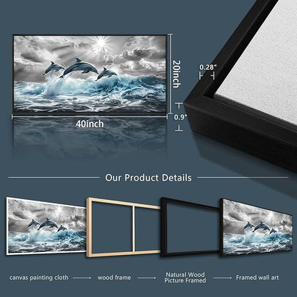 hyidecorart Wall Art For Living Room Large Wall Decor For Bedroom Modern Home Decoration Office Canvas Art Print Artwork Dolphins Seascape Wall Paintings Blue wave Pictures Black Framed 20X40