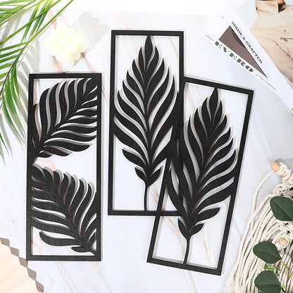 3 Pcs Palm Leaves Wooden Art Wall Decor 14.57 x 5.79 Inch Boho Wood Leaves Plant Wall Accent Vintage Tropical Plant Plaque for Home Bathroom Living Room Bedroom Office Decoration