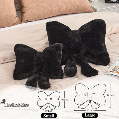 XVTRU Black Bow Pillow, Soft Bow Decorative Pillows with Faux Rabbit Fur, Cute 16" Bow Throw Pillows, Aesthetic Home Decor Bow Shaped Plush Pillow for Bedroom Sofa Couch