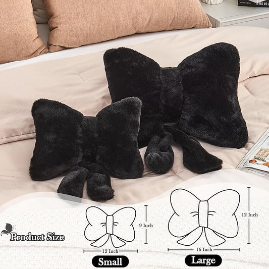 XVTRU Black Bow Pillow, Soft Bow Decorative Pillows with Faux Rabbit Fur, Cute 16" Bow Throw Pillows, Aesthetic Home Decor Bow Shaped Plush Pillow for Bedroom Sofa Couch