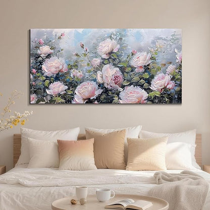 Enartly Pink Flower Wall Art Large Living Room Bedroom Wall Decor Rose Canvas Painting Floral Picture Bloosom Textured Green Modern Artwork Framed for Bathroom Kitchen Home Office Decoration, 58"x29"