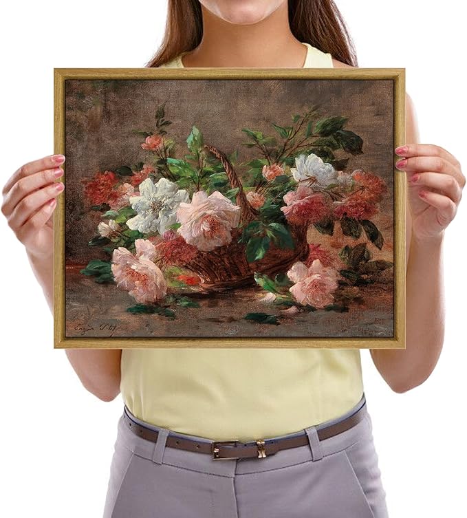 Pyradecor Vintage Retro Framed Wall Art A Basket with Roses Canvas Prints Classical Floral Painting Artwork for Kitchen Decor Farm House Office Decorations