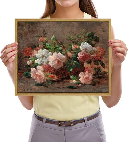 Pyradecor Vintage Retro Framed Wall Art A Basket with Roses Canvas Prints Classical Floral Painting Artwork for Kitchen Decor Farm House Office Decorations