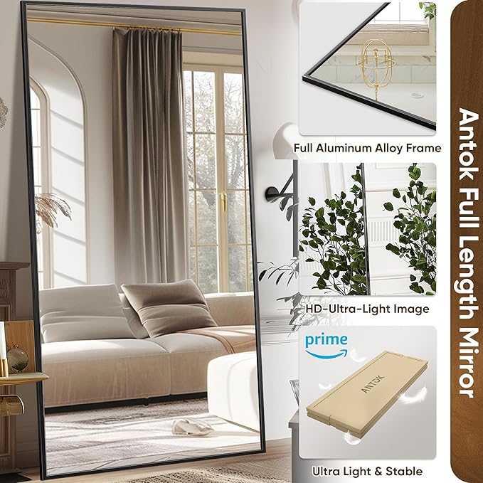 Antok Full Length Mirror, 78"x38" Oversized Floor Mirror Freestanding, Full Body Floor Standing Mirror with Stand, Hanging Mounted for Living Room Cloakroom,Black,Rect Style