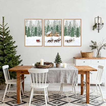 CHDITB Santa Claus Reindeer Sleigh Framed Canvas Wall Art(16"x24"), 3 Panels Christmas Winter Holiday Artwork Prints, Large Rustic Xmas Gift Snow Scene Forest Landscape Decor for Home Office Bedroom