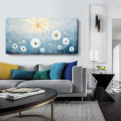 Nicetop Large Canvas Wall Art for Living Room- Floral Landscape Artwork Gallery Wrapped Nature Wildflower Dandelion Print Botanical Flower Picture Bedroom Office Decor,Blue and White, 48x24 Inch
