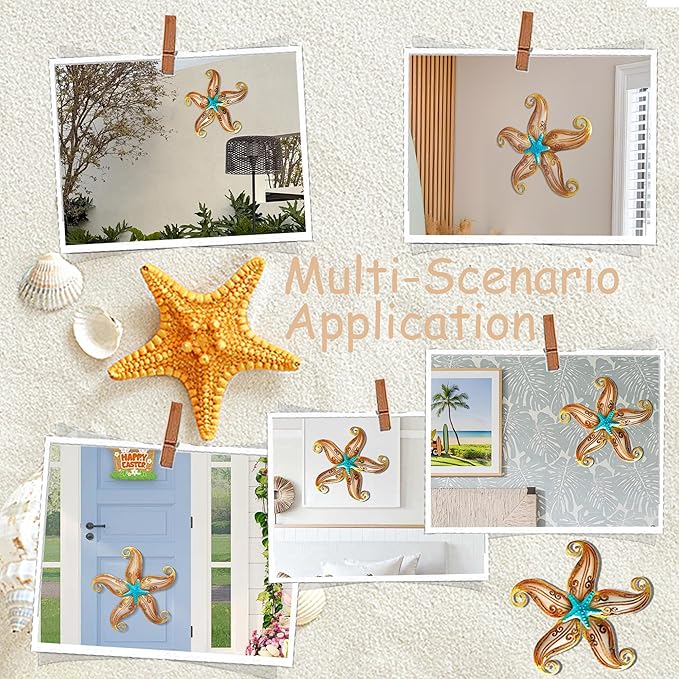 POXOHO Starfish Outdoor Wall Decor, 12" Outdoor Fence Wall Art Decor, Hanging Metal & Glass Sculpture for Garden Fence Patio(Apricot)