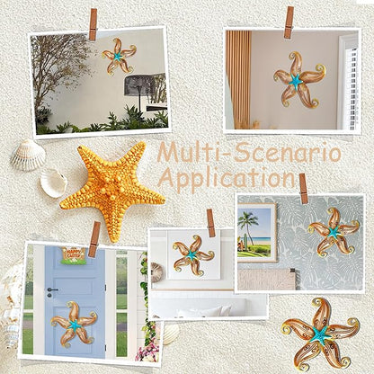 POXOHO Starfish Outdoor Wall Decor, 12" Outdoor Fence Wall Art Decor, Hanging Metal & Glass Sculpture for Garden Fence Patio(Apricot)