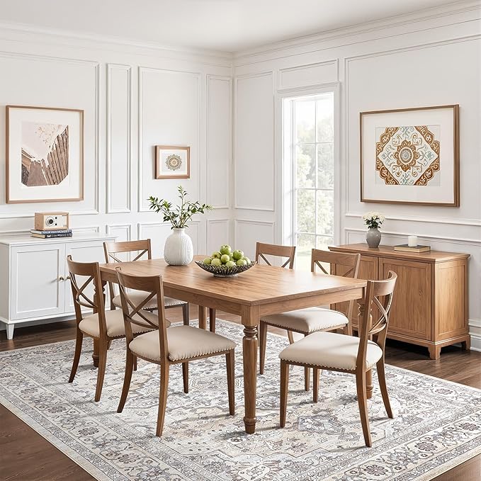 7x10 Area Rug Living Room: Washable Boho Large Neutral Vintage Soft Rugs Stain Resistant Farmhouse Non Slip Indoor Floor Carpet for Bedroom Nursery Kids Playroom Office Dining Room- Ivory Gray
