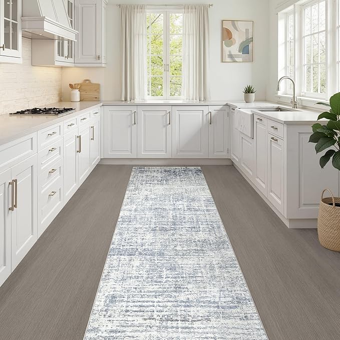 Runner Rug Non-Slip Kitchen Rug: 2x6 Washable Abstract Modern Soft Stain Resistant Indoor Floor Neutral Accent Throw Carpet for Hallway Bathroom Laundry Room Bedroom Entryway- Blue