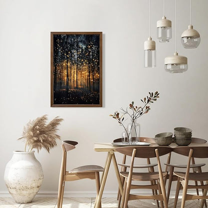 JLTULT Framed Enchanted Forest Firefly Canvas Wall Art, Dark Twilight Landscape Wall Decor, Rustic Botanical Nature Tree Art Prints for Bedroom Living Room Office Decoration 20x30 inch Easy to Hang