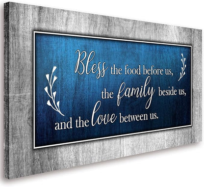 Canvas Wall Art for Dining Room Decor-Blue and Grey Canvas Prints Bless The Food Quote Wall Pictures Painting Framed Artwork for Home Living Room Bedroom Kitchen Decoration 20"x40"