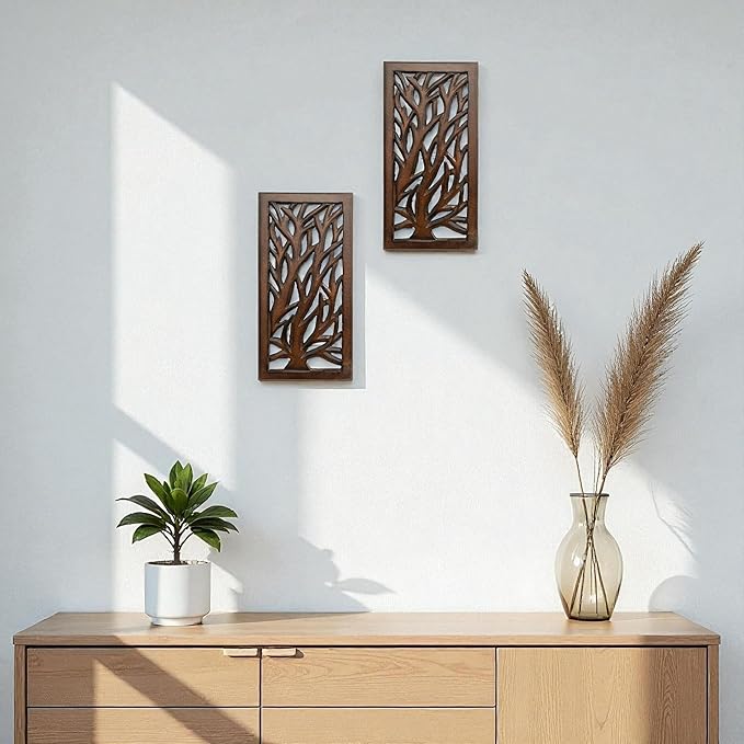 Wood Wall Art -Wall Panels in Handcrafted Carved Wood For Livingroom Bedroom,Dining room,Elegant Decorative Wall Art for Home & Office 8x16" Set of 2 Burnt Brown_Tree Leaf Designs