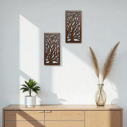 Wood Wall Art -Wall Panels in Handcrafted Carved Wood For Livingroom Bedroom,Dining room,Elegant Decorative Wall Art for Home & Office 8x16" Set of 2 Burnt Brown_Tree Leaf Designs