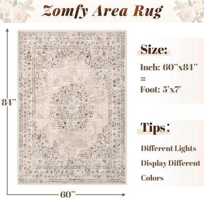 Area Rug 5x7 Vintage Rug: Washable Indoor Medallion Rugs Low Pile Distressed Floor Carpet Retro Accent Rug for Living Room Bedroom Kitchen Dining Table Home Office(Distressed Brown, 5'x7')
