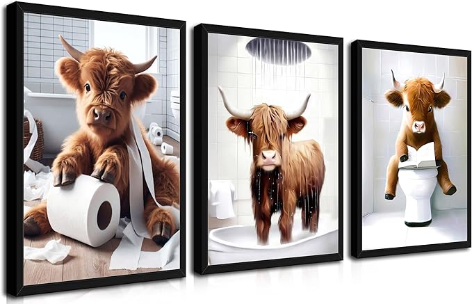 Highland Cow Bathroom Decor Set of 3, Funny Brown Cute Highland Cow Wall Art Paintings, Vintage Rustic Farmhouse Canvas Pictures Posters Prints for Bathroom, Restroom Black Wood Framed 12x16 Inch