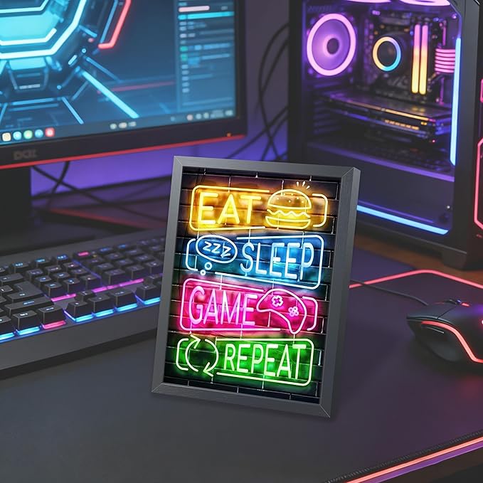 Eat Sleep Game Repeat Neon Wall Art, Framed Canvas Print Painting, Colorful Gamer LED Style Poster with Controller Burger Design, Cool Gaming Room Wall Decor for Boys Teens Bedroom Playroom 8x10 Inch