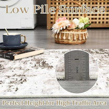 ROYHOME 9x12 Modern Abstract Accent Rug Non Slip Stain Resistant Throw Rug Low Pile Machine Washable Indoor Floor Cover for Living Room Bedroom Office Home Decor, Taupe/Beige