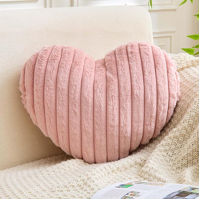 XVTRU Heart Pillows Heart Decorative Pillow Soft Fluffy Heart Shaped Dusty Pink Throw Pillows with Faux Rabbit Fur Aesthetic Room Decor Cute Pillow for Valentines Mother's Day